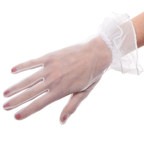 Wrist sheer stretch nylon dress gloves with ruffles in white size B - Picture 3 of 3
